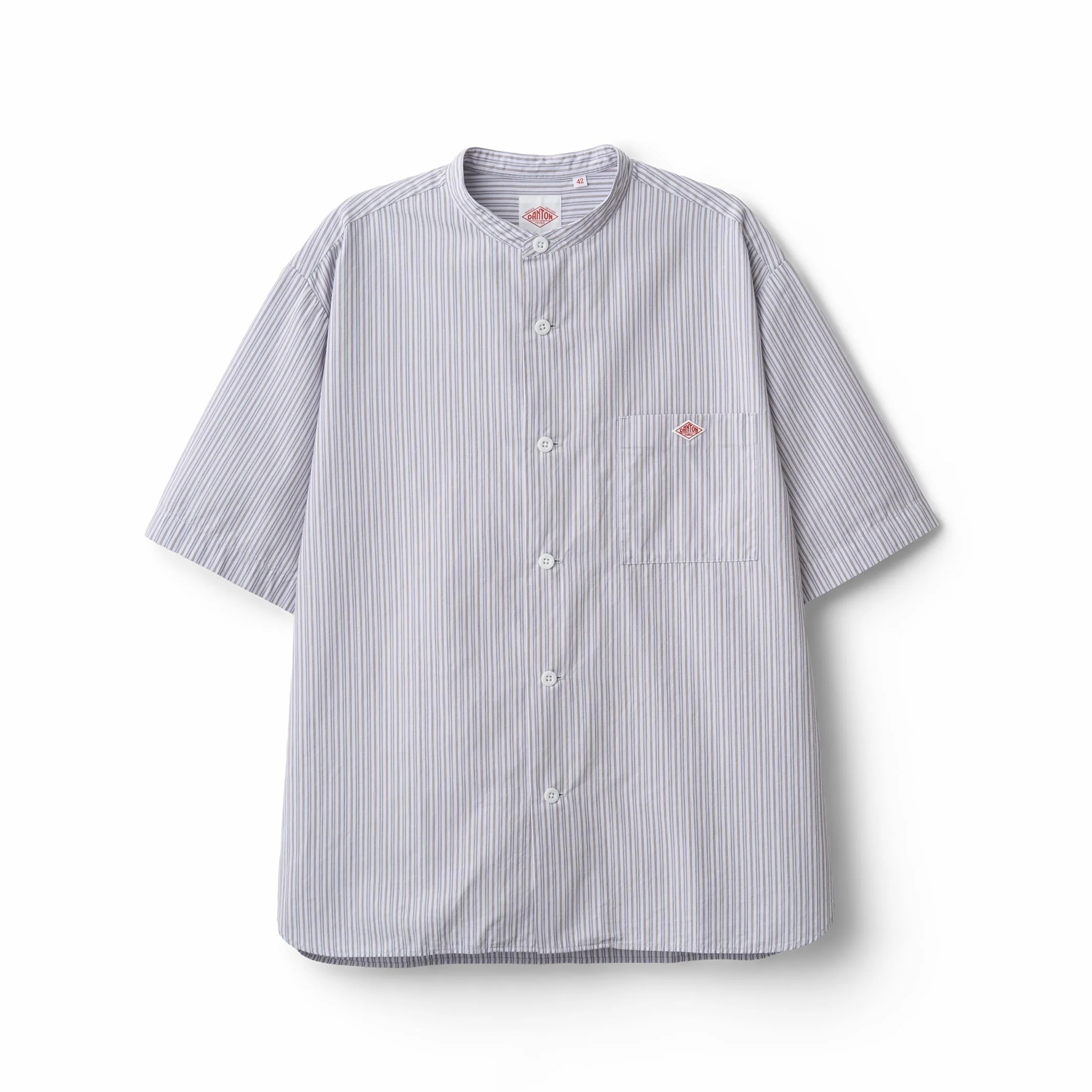 Men's Cotton Linen Short Sleeve Band Collar Shirt Stripe