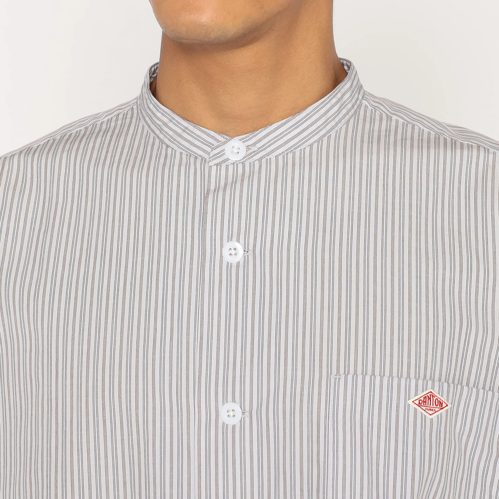 Men's Cotton Linen Short Sleeve Band Collar Shirt Stripe - Image 10