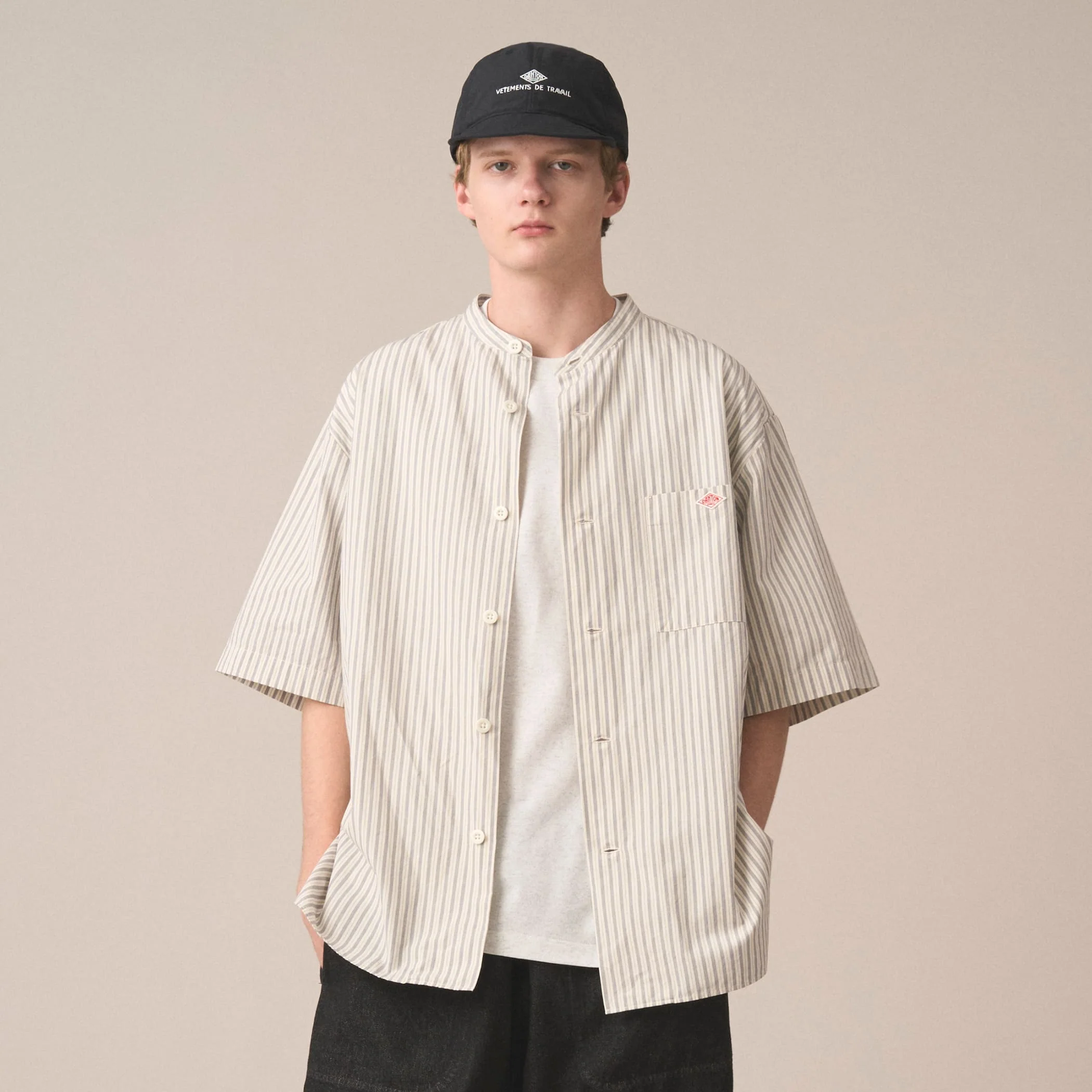 Men's Cotton Linen Short Sleeve Band Collar Shirt Stripe - Image 2