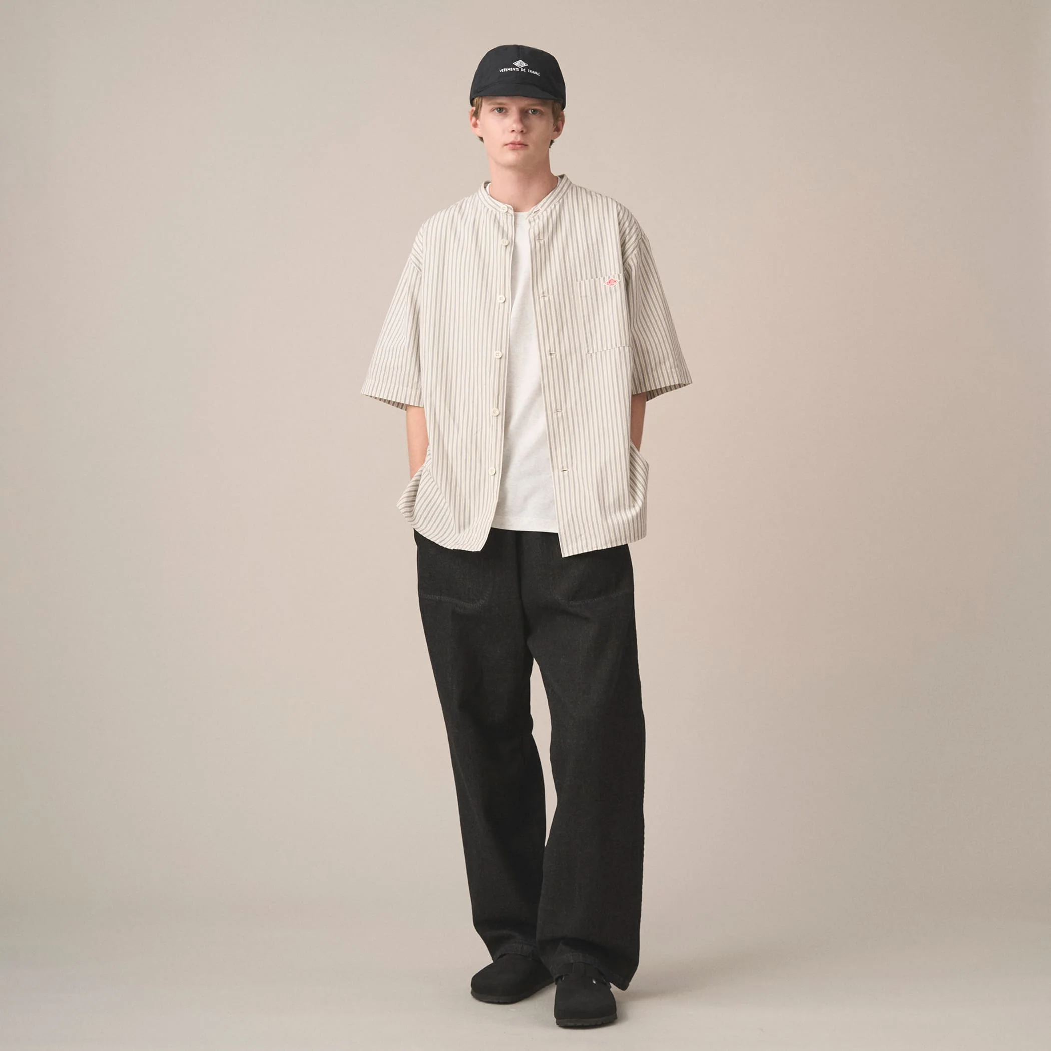 Men's Cotton Linen Short Sleeve Band Collar Shirt Stripe - Image 3