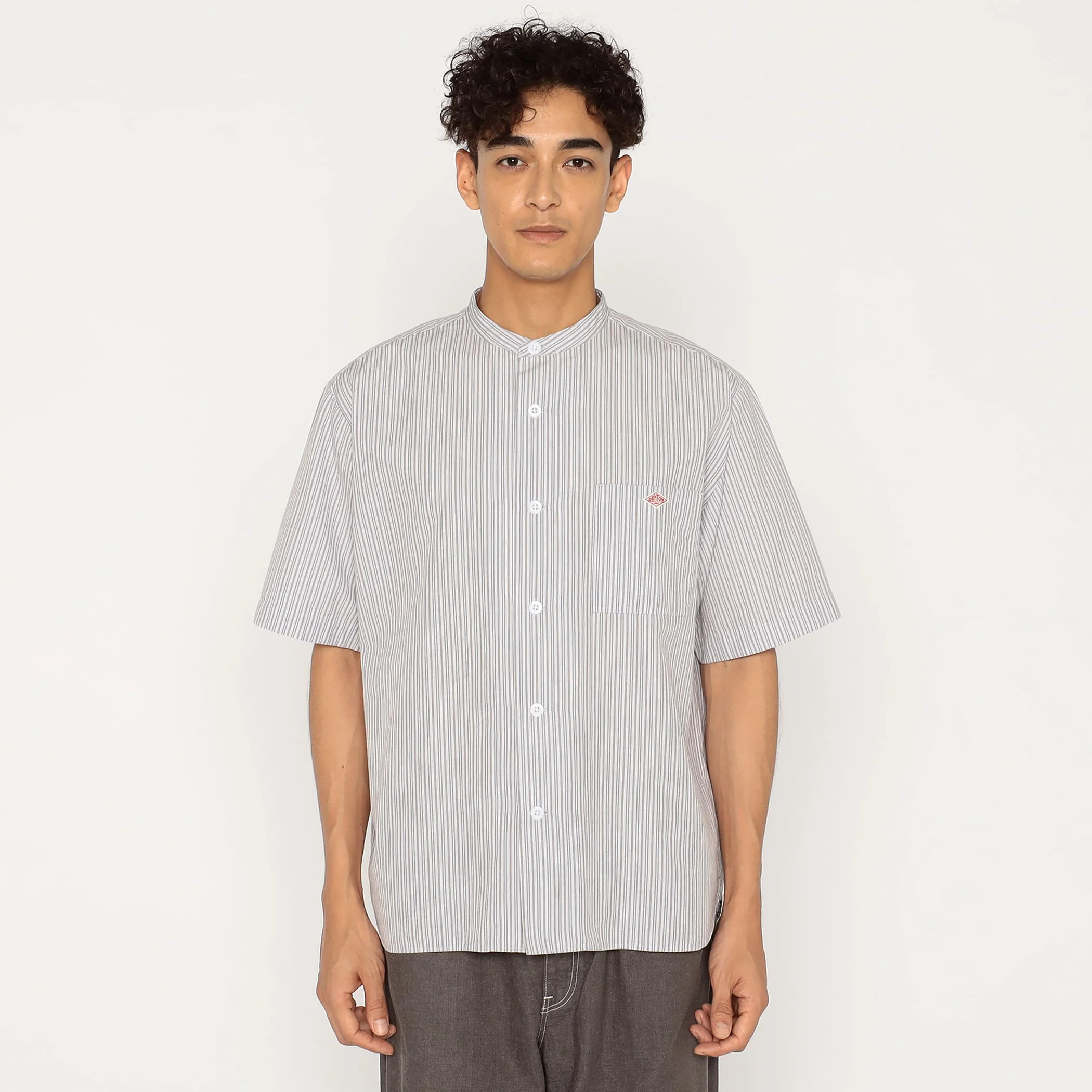 Men's Cotton Linen Short Sleeve Band Collar Shirt Stripe - Image 5