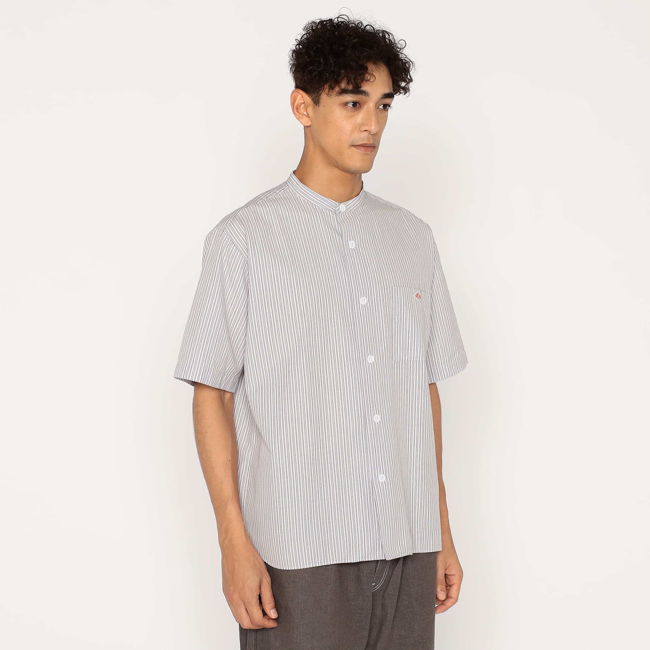 Men's Cotton Linen Short Sleeve Band Collar Shirt Stripe - Image 6