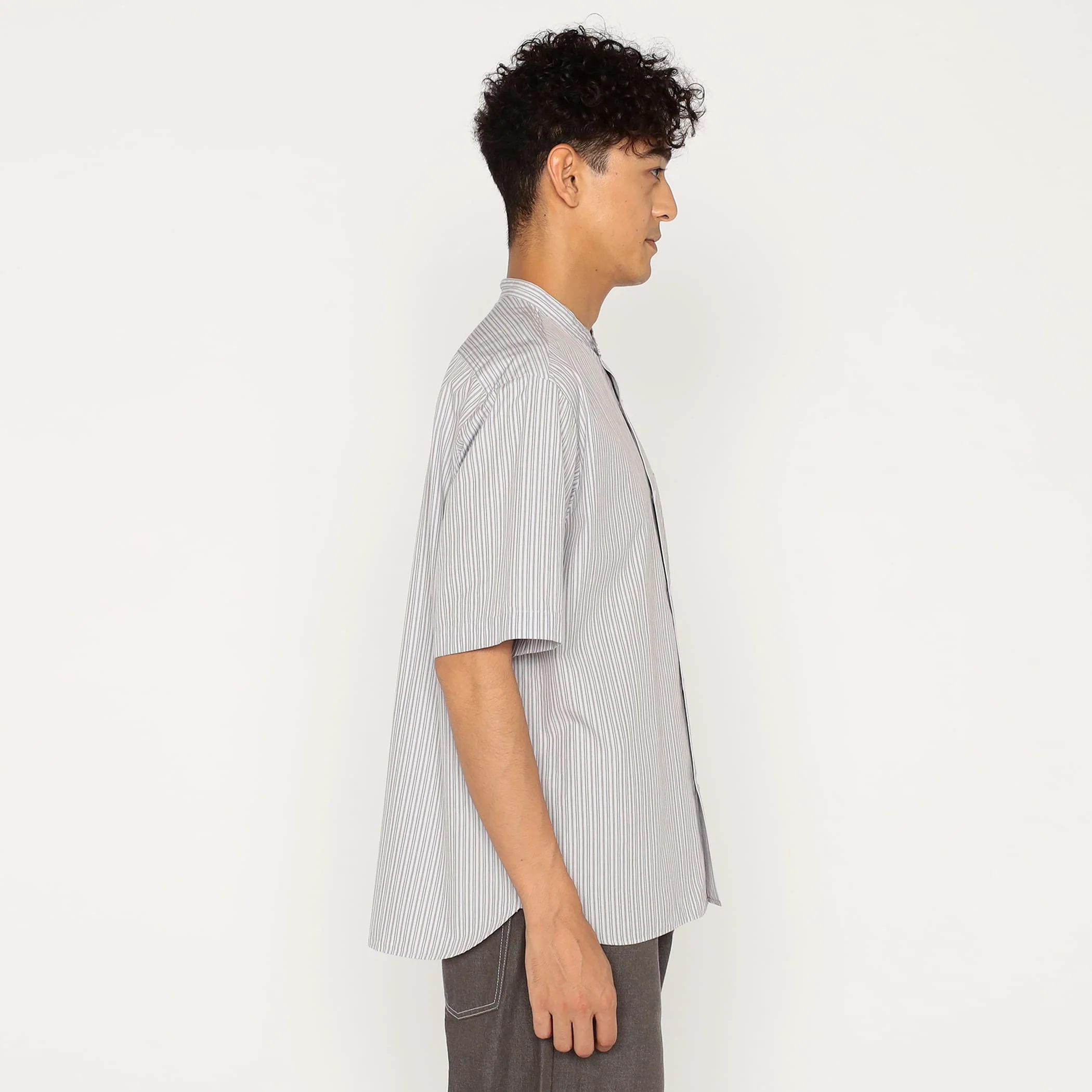 Men's Cotton Linen Short Sleeve Band Collar Shirt Stripe - Image 7