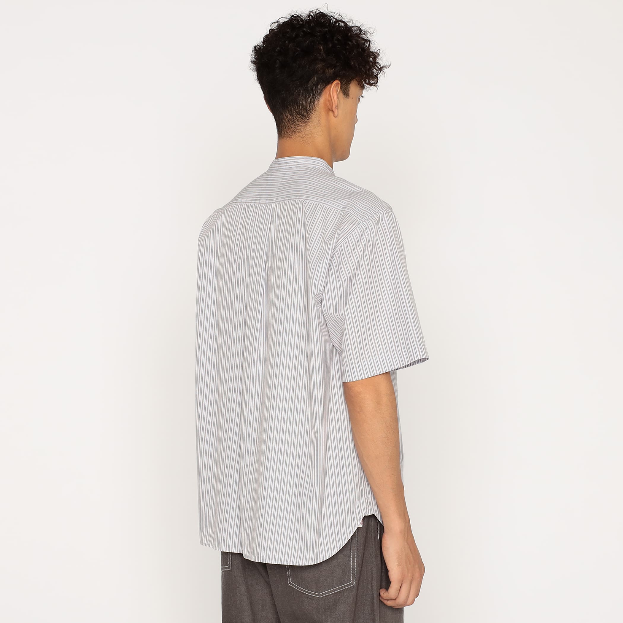 Men's Cotton Linen Short Sleeve Band Collar Shirt Stripe - Image 8