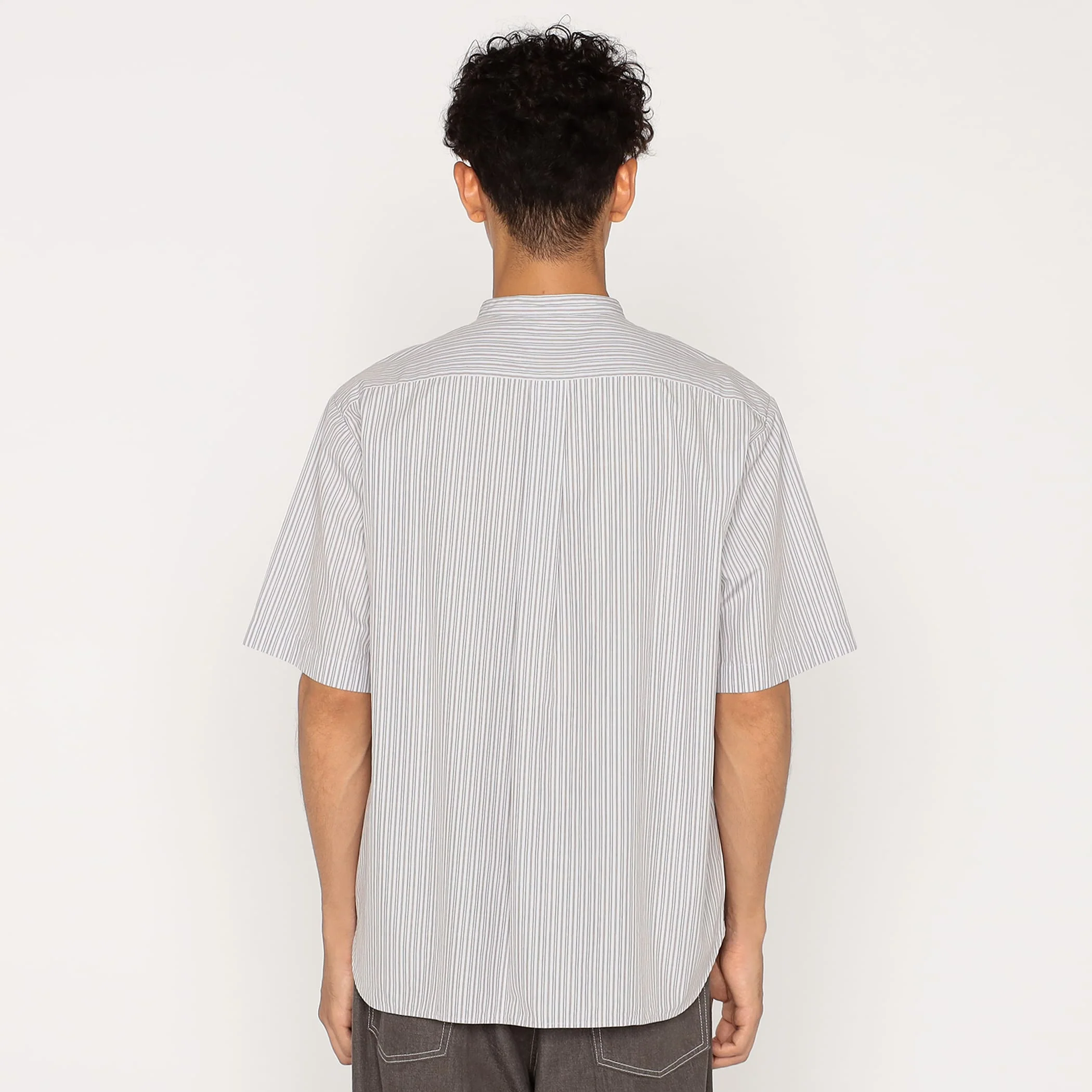 Men's Cotton Linen Short Sleeve Band Collar Shirt Stripe - Image 9